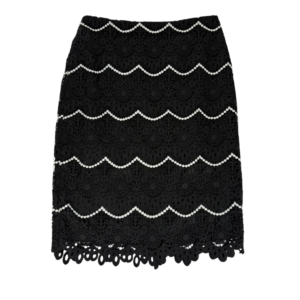 Talbots Black Lace Pencil Skirt White Trim Back Zip Scalloped Hem‎ Size 2